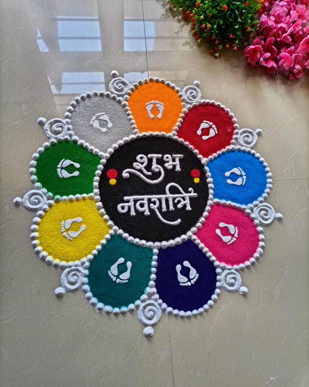 Navratri colours 2024 - easy navratri special rangoli designs - simple navratri rangoli designs 2024 5th day white colourDussehra rangoli designs घटस्थापना रांगोळी दसरा रांगोळीनवरात्री रांगोळीWatch full